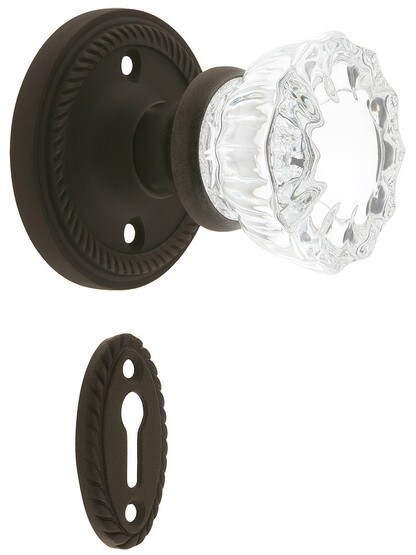 Rope Rosette Mortise Lock Set With Fluted Crystal Door Knobs in Oil Rubbed Bronze.